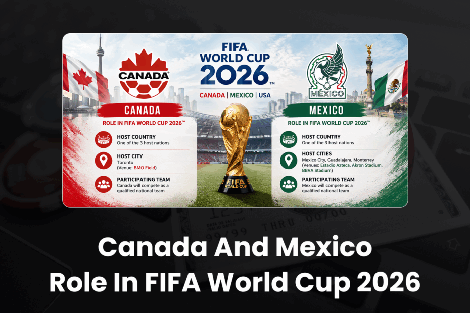 Promotional banner for FIFA World Cup 2026 featuring Canada and Mexico as host nations, with the trophy centered and flags in the background.