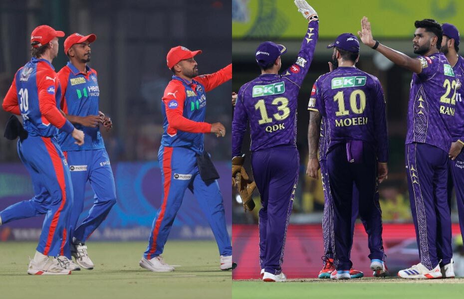 Cricketers from a blue-and-red team walk on the field as purple-clad teammates celebrate with high-fives in a split-scene collage.