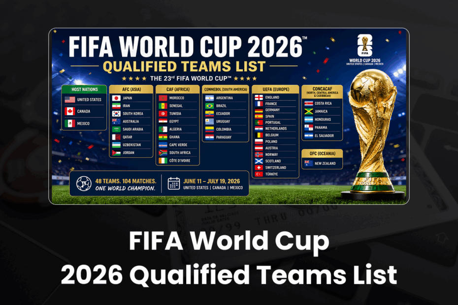 Infographic titled FIFA World Cup 2026 Qualified Teams List, showing host nations and group columns (AFC, CAF, CONMEBOL, UEFA, CONCACAF, OFC) with national flags and a World Cup trophy on the right.