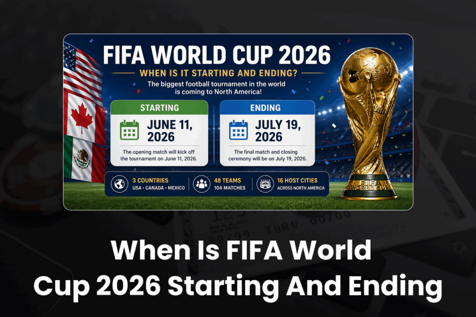 FIFA World Cup 2026 banner with starting and ending dates, flags of USA, Canada, Mexico, and a golden trophy on the right.