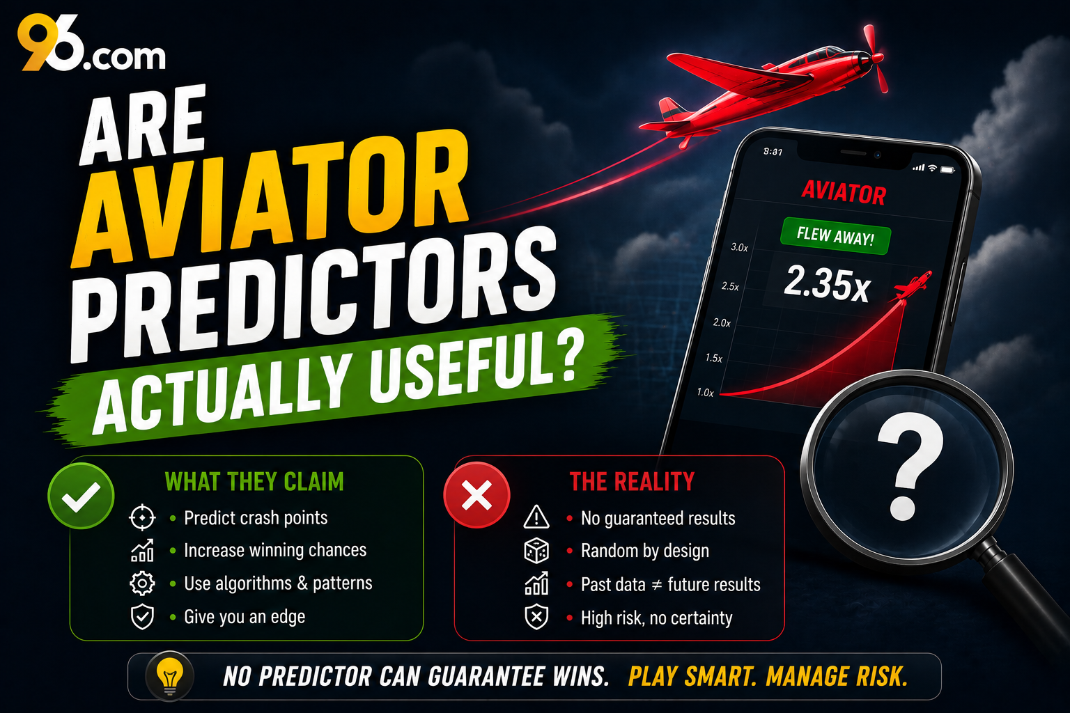 Infographic titled 'Are Aviator Predictors Actually Useful?' showing a phone with a 2.35x reading, a red plane, and a green 'What they claim' versus red 'The reality' panel explaining pros and cons.