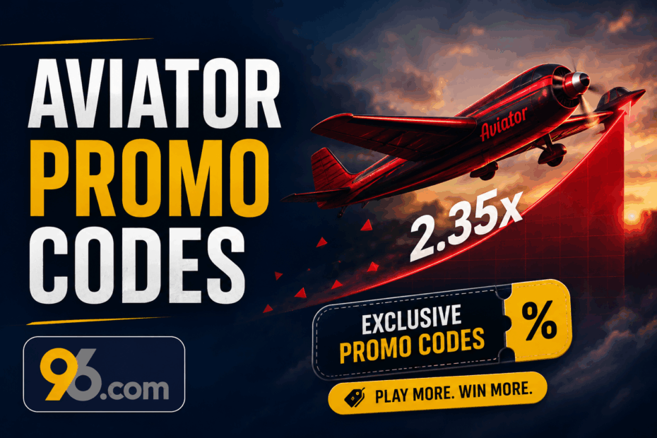A red airplane sweeping upward beside a curved red graph reading 2.35x, promoting exclusive promo codes on a dark background with 96.com logo.