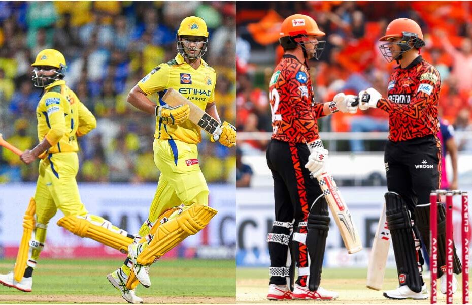 Cricket match scene: a yellow-uniform batsman runs while two opponents in red-and-black uniforms stand near the crease with stumps behind them.